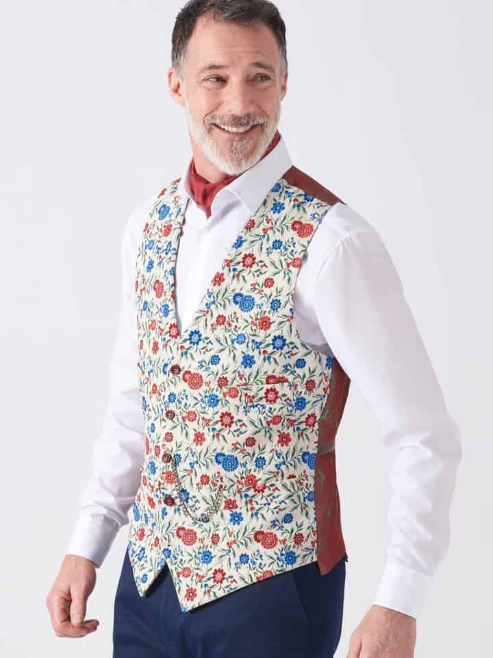 Model Wears Men's Blue Floral Brocade Vest