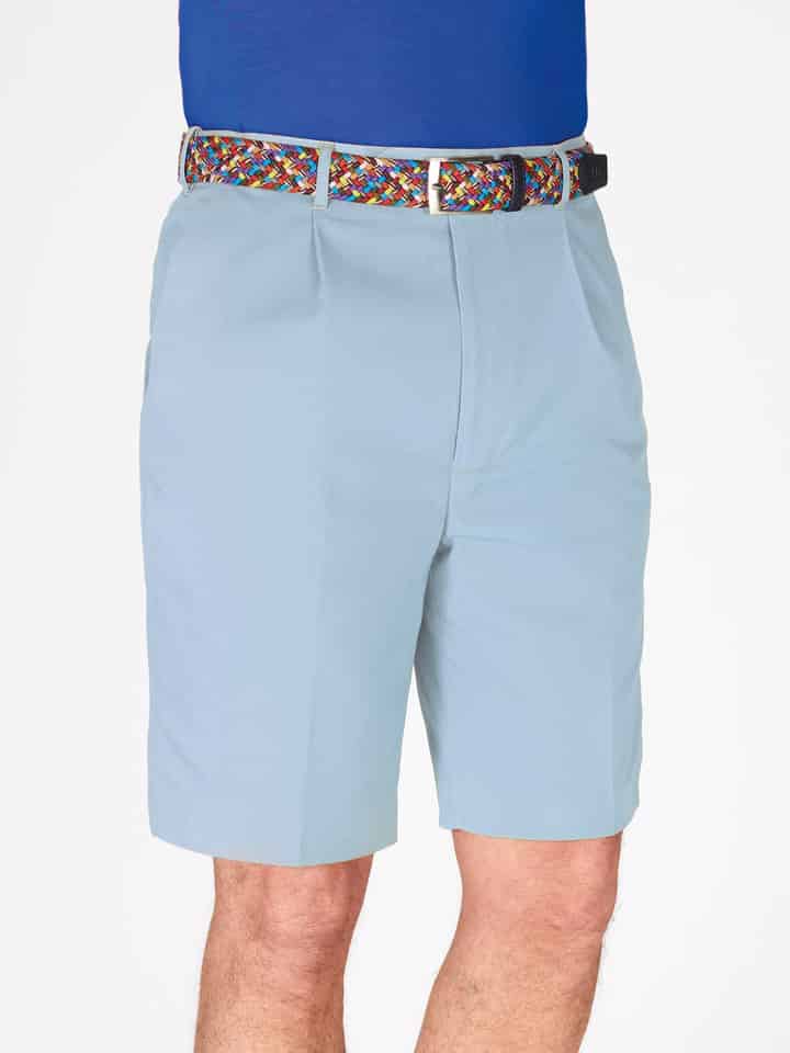 Model wears Men's Sky Blue Cotton Pleated Dress Shorts