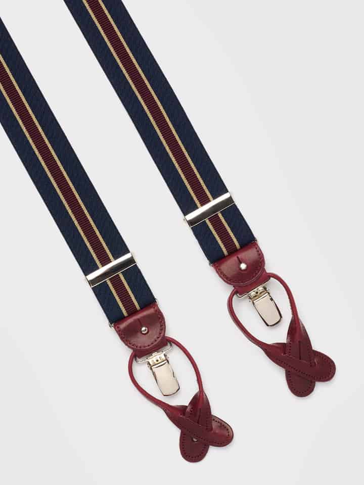 Navy Elasticated Stripe Suspenders Leather Fastenings
