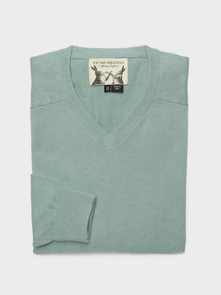 Men's Ocean Green Cotton V Neck Jumper Folded
